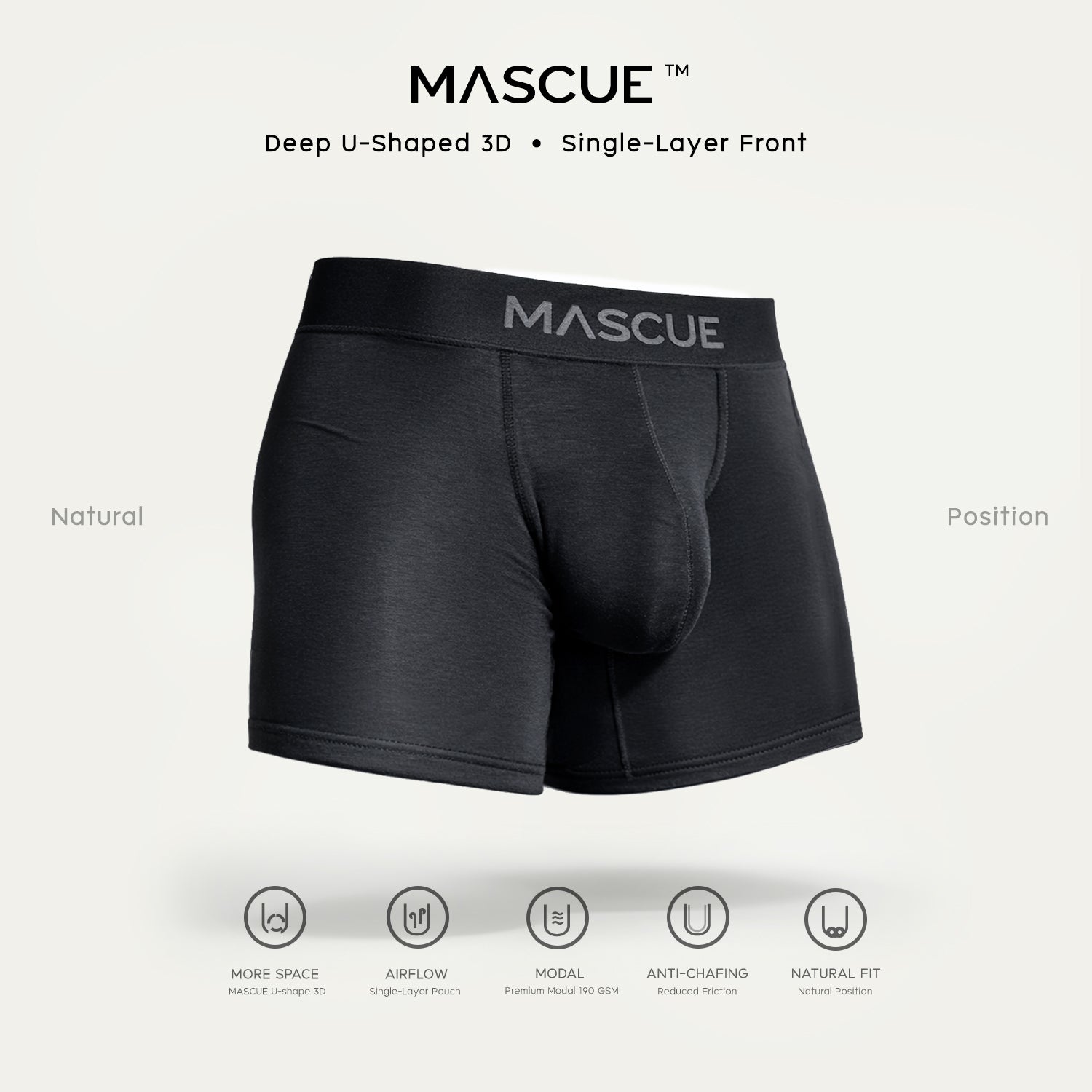 MASCUE Boxer Brief [Black] - Big Pouch U-Shaped 3D กางเกงในผู้ชาย เป้าลึก ผ้าเป้าชั้นเดียวระบายอากาศดี ลดเสียดสี