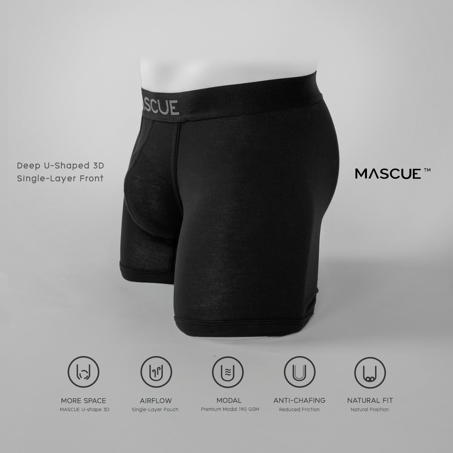MASCUE Boxer Brief [Black] - Big Pouch U-Shaped 3D กางเกงในผู้ชาย เป้าลึก ผ้าเป้าชั้นเดียวระบายอากาศดี ลดเสียดสี